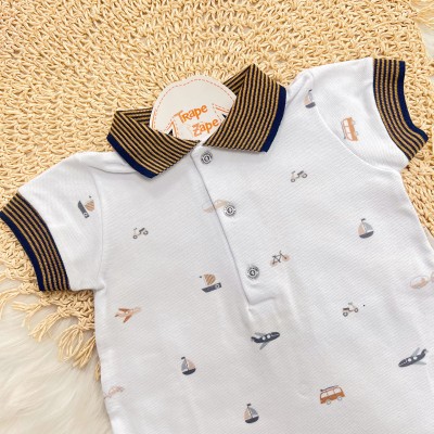 Macacão Curto Piquet com Gola Polo Barquinhos - Off White e Marinho